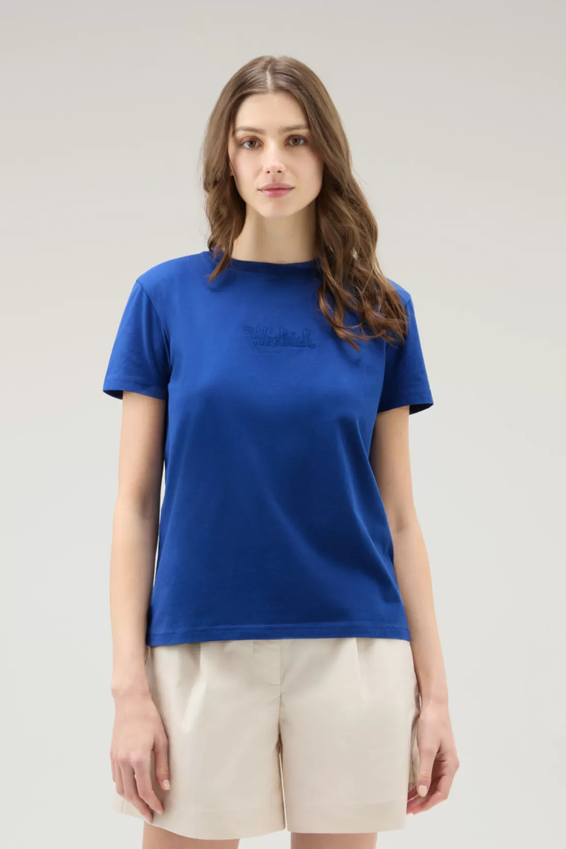 Donna Woolrich T-shirt e polo>T-shirt In Puro Cotone Con Logo Ricamato